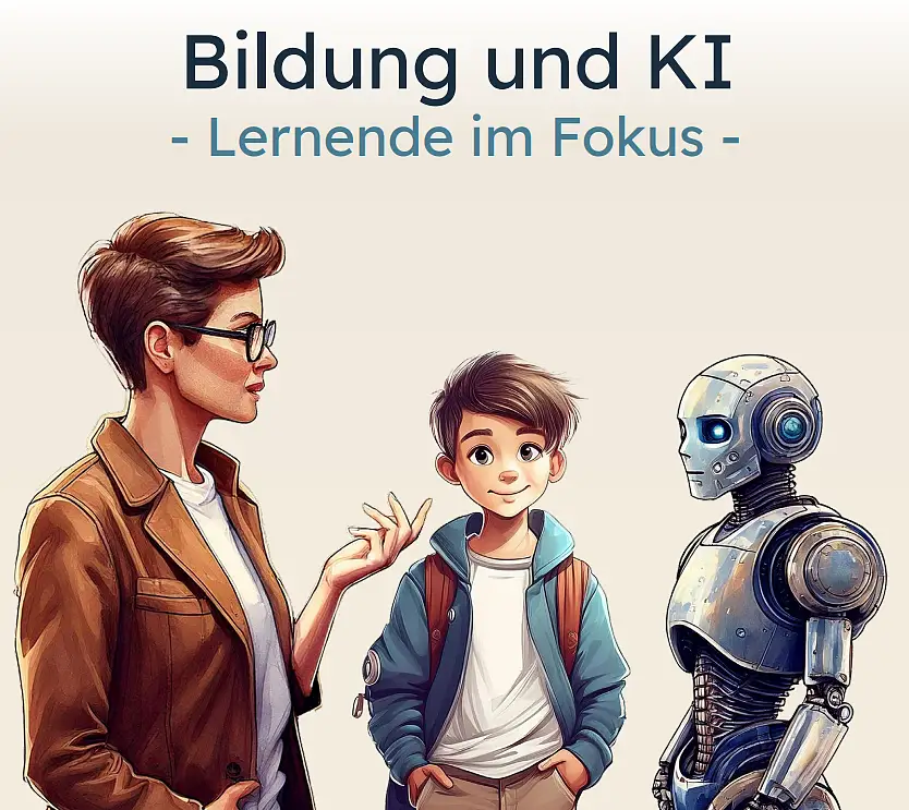 Ein Andoid und eine Lehrkraft sind ins Gespräch vertieft, ein Jugendlicher hört interessiert zu. 