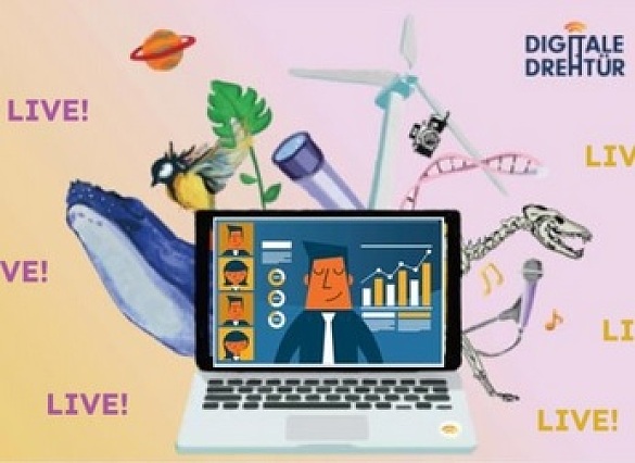 Ein gemalter Laptop mit einem Mann, umgeben von wissenschaftlichen Artefakten